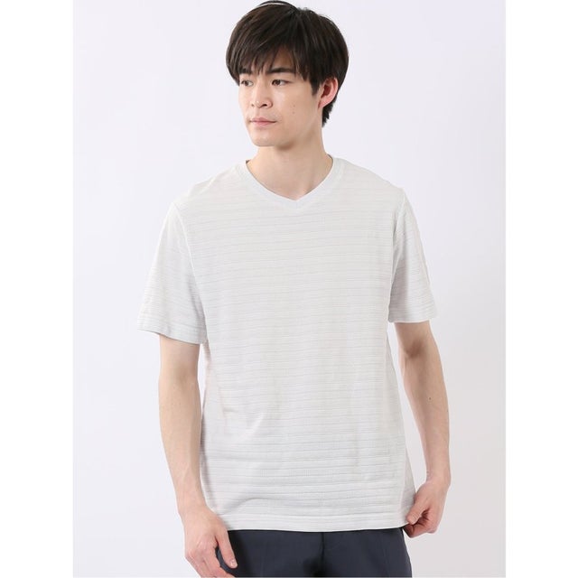 ポップコーン ボーダー Vネック 半袖 Tシャツ （ライトグレー）