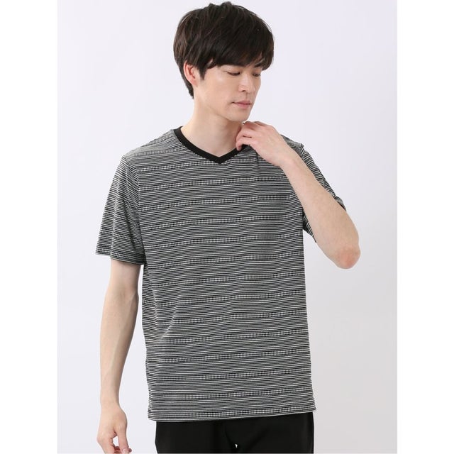 ポップコーン ボーダー Vネック 半袖 Tシャツ （白黒）