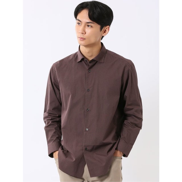 シャツ 長袖 メンズ ストレッチ 綿 コットン ブロード ワイドカラー プリント 総柄 チェック （茶）