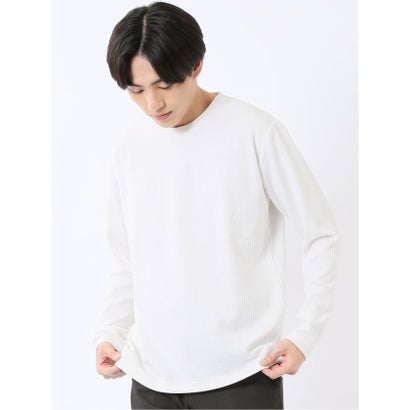 Tシャツ メンズ 長袖 クルーネック 綿混 ワッフル ジャガード （白黒）｜詳細画像