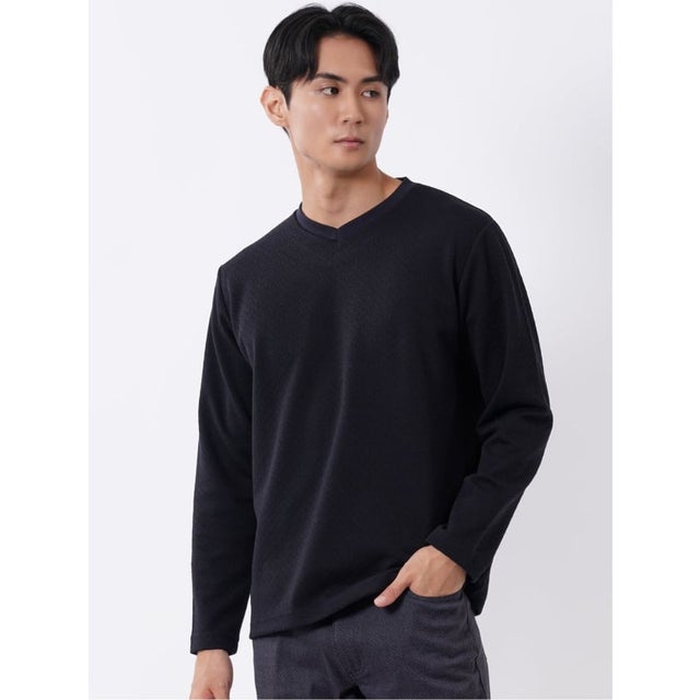 Tシャツ メンズ 長袖 Vネック バイアス ジャガード （紺）