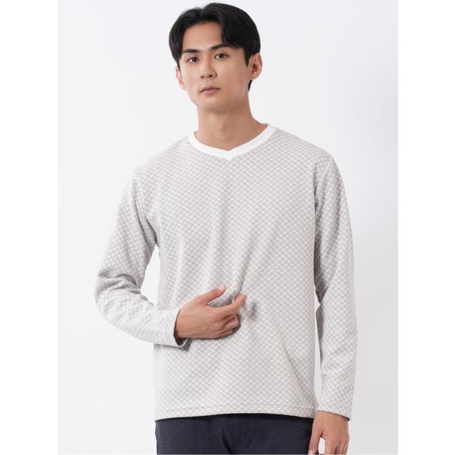 Tシャツ メンズ 長袖 Vネック バイアス ジャガード （白）