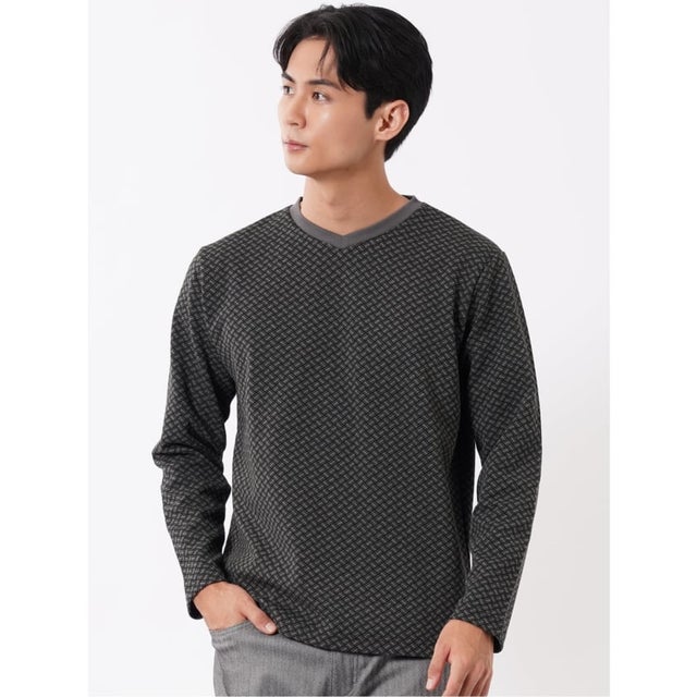 Tシャツ メンズ 長袖 Vネック バイアス ジャガード （グレー）