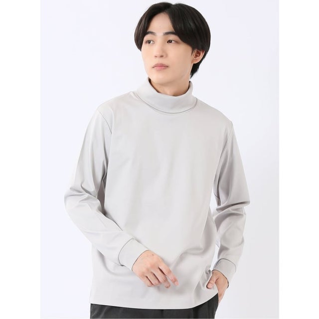 Tシャツ メンズ 長袖 ストレッチ 抗菌防臭 UV 綿 コットン 無地 シルケット スムス タートルネック ドレスT （ライトグレー）