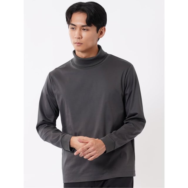 Tシャツ メンズ 長袖 ストレッチ 抗菌防臭 UV 綿 コットン 無地 シルケット スムス タートルネック ドレスT （グレー）