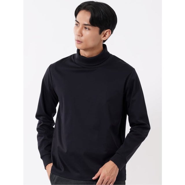 Tシャツ メンズ 長袖 ストレッチ 抗菌防臭 UV 綿 コットン 無地 シルケット スムス タートルネック ドレスT （紺）