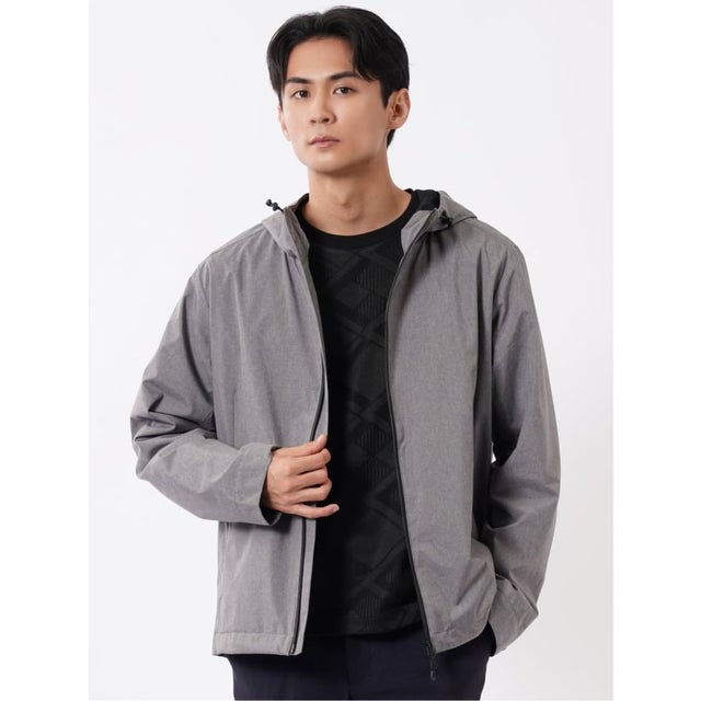 ブルゾン アウター メンズ オールウェザー ストレッチ 撥水 防風 防花粉 フーデッド フルジップ 裏メッシュ （グレー）