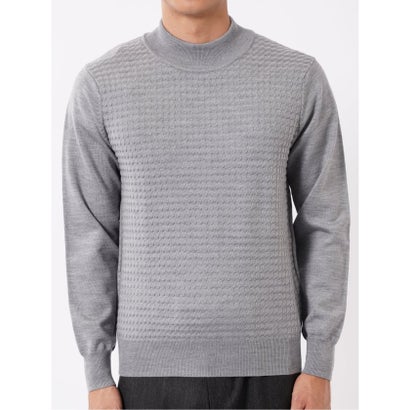 ニット プルオーバー メンズ 長袖 ウォッシャブル モックネック セーター ウール混 前身 ジャガード （ライトグレー）｜詳細画像