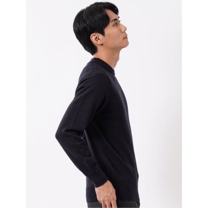 ニット プルオーバー メンズ 長袖 ウォッシャブル スロープネック セーター ウール混 前身 ヘリンボン （紺）｜詳細画像