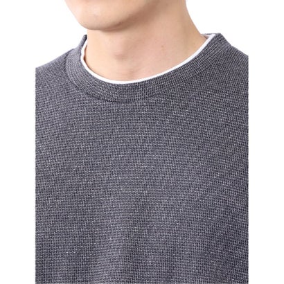 Tシャツ メンズ 長袖 ストレッチ クルーネック フェイクレイヤード 綿混 メランジ ジャガード （紺）｜詳細画像