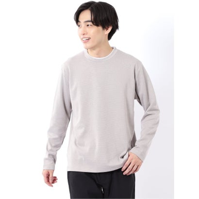 Tシャツ メンズ 長袖 ストレッチ クルーネック フェイクレイヤード 綿混 メランジ ジャガード （紺）｜詳細画像