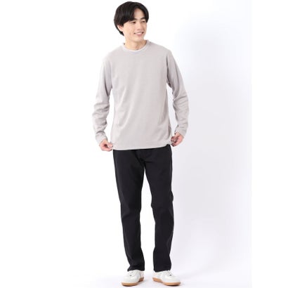 Tシャツ メンズ 長袖 ストレッチ クルーネック フェイクレイヤード 綿混 メランジ ジャガード （紺）｜詳細画像