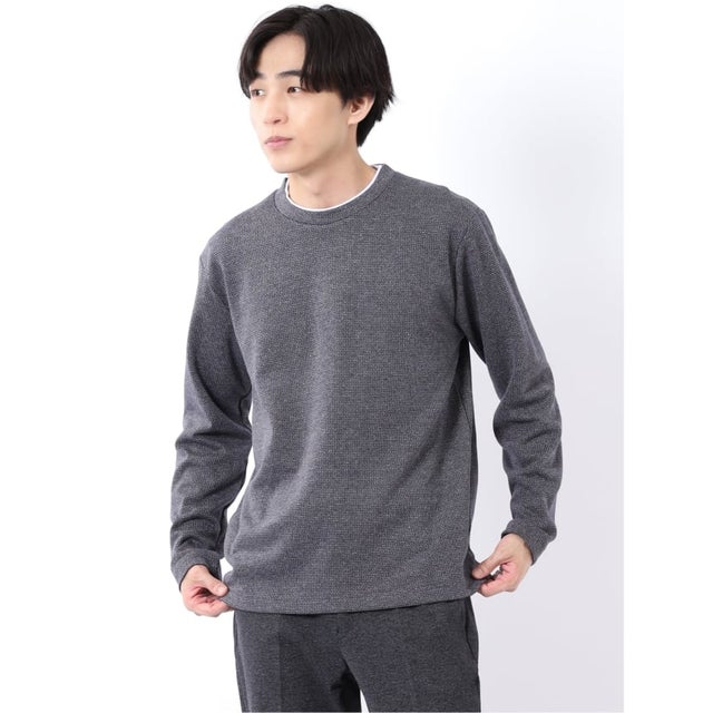 Tシャツ メンズ 長袖 ストレッチ クルーネック フェイクレイヤード 綿混 メランジ ジャガード （紺）