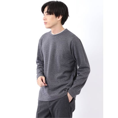 Tシャツ メンズ 長袖 ストレッチ クルーネック フェイクレイヤード 綿混 メランジ ジャガード （ライトグレー）｜詳細画像
