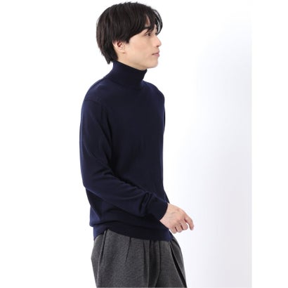 ニット プルオーバー メンズ 長袖 ストレッチ ウォッシャブル タートルネック セーター ウール シルク （黒）｜詳細画像