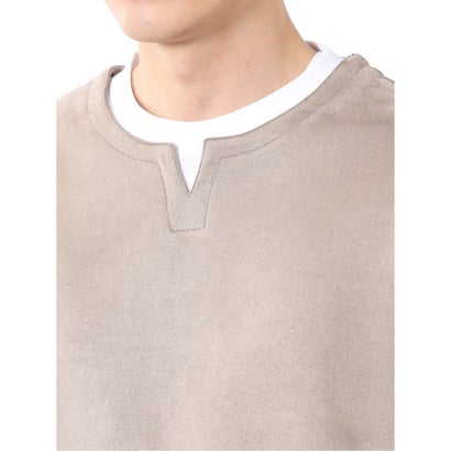 Tシャツ メンズ 長袖 ストレッチ キーネック フェイクレイヤード 起毛 ポンチ （グレー）｜詳細画像