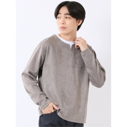 Tシャツ メンズ 長袖 ストレッチ キーネック フェイクレイヤード 起毛 ポンチ （グレー）｜詳細画像
