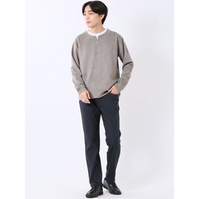 Tシャツ メンズ 長袖 ストレッチ キーネック フェイクレイヤード 起毛 ポンチ （グレー）｜詳細画像