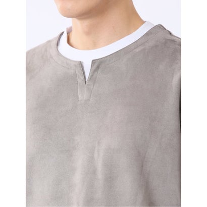 Tシャツ メンズ 長袖 ストレッチ キーネック フェイクレイヤード 起毛 ポンチ （グレー）｜詳細画像