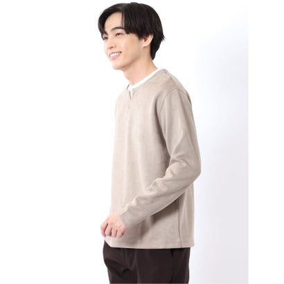 Tシャツ メンズ 長袖 ストレッチ キーネック フェイクレイヤード 起毛 ポンチ （ベージュ）｜詳細画像