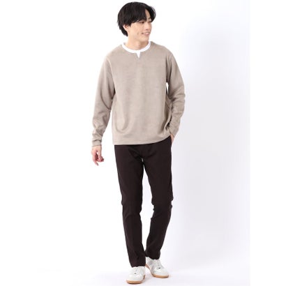 Tシャツ メンズ 長袖 ストレッチ キーネック フェイクレイヤード 起毛 ポンチ （ベージュ）｜詳細画像