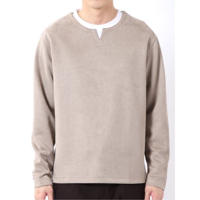 Tシャツ メンズ 長袖 ストレッチ キーネック フェイクレイヤード 起毛 ポンチ （ベージュ）｜詳細画像