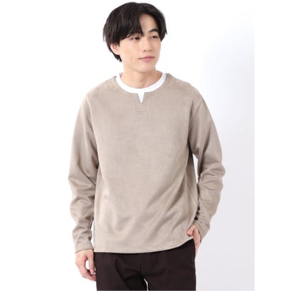 Tシャツ メンズ 長袖 ストレッチ キーネック フェイクレイヤード 起毛 ポンチ （ベージュ）｜詳細画像