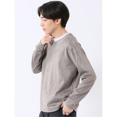 Tシャツ メンズ 長袖 ストレッチ キーネック フェイクレイヤード 起毛 ポンチ （ベージュ）｜詳細画像