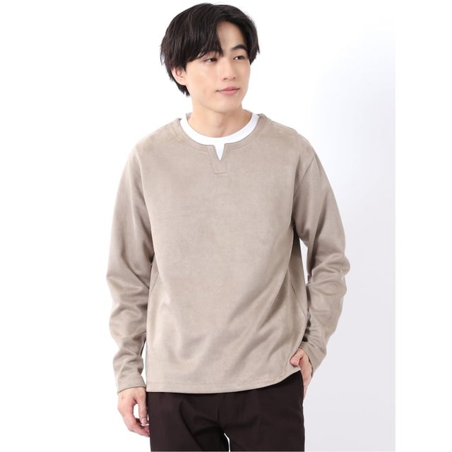 Tシャツ メンズ 長袖 ストレッチ キーネック フェイクレイヤード 起毛 ポンチ （ベージュ）