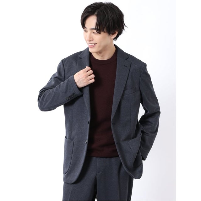 ジャケット メンズ ビジネス セットアップ可能 ストレッチ ウォッシャブル レギュラー 2ボタン テーラード メランジ ジャージ 紺 （紺）