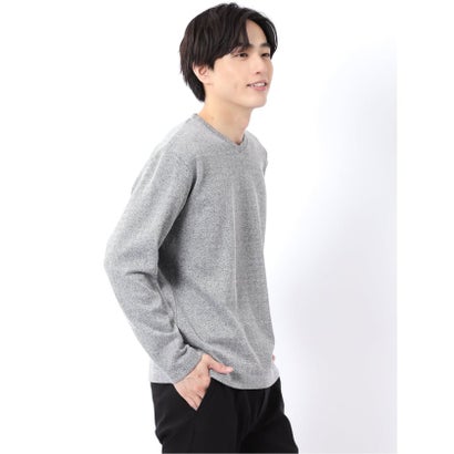 Tシャツ メンズ 長袖 Vネック 裏起毛 綿混 ジオメトリック ジャガード （白）｜詳細画像