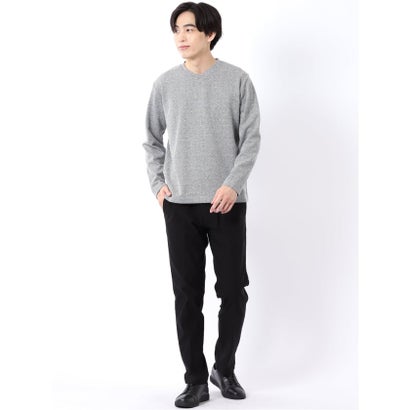 Tシャツ メンズ 長袖 Vネック 裏起毛 綿混 ジオメトリック ジャガード （白）｜詳細画像