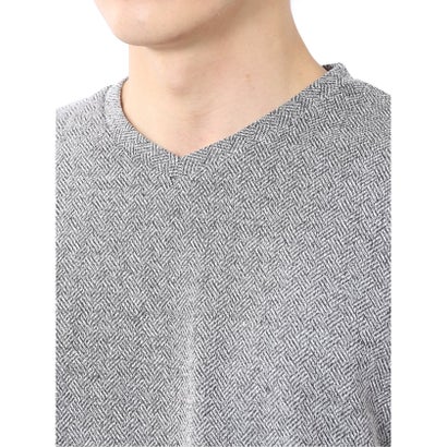 Tシャツ メンズ 長袖 Vネック 裏起毛 綿混 ジオメトリック ジャガード （白）｜詳細画像