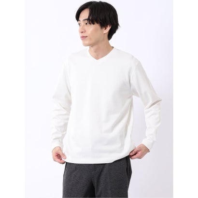 Tシャツ メンズ 長袖 Vネック 裏起毛 綿混 ジオメトリック ジャガード （白）｜詳細画像