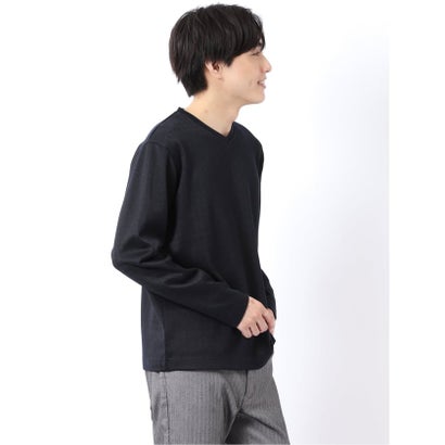 Tシャツ メンズ 長袖 Vネック 裏起毛 綿混 ジオメトリック ジャガード （白）｜詳細画像