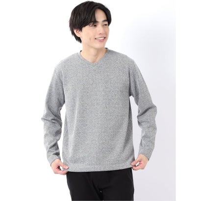 Tシャツ メンズ 長袖 Vネック 裏起毛 綿混 ジオメトリック ジャガード （白）｜詳細画像
