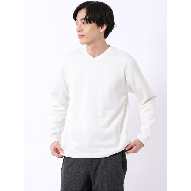 Tシャツ メンズ 長袖 Vネック 裏起毛 綿混 ジオメトリック ジャガード （白）