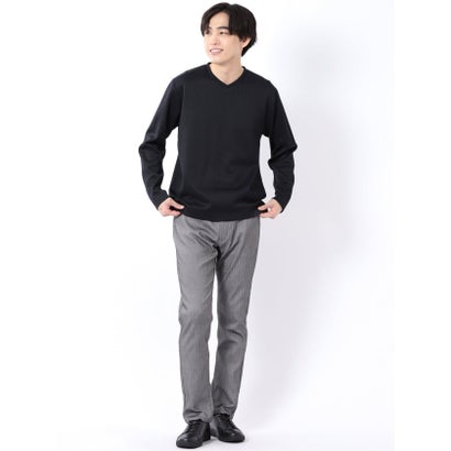 Tシャツ メンズ 長袖 Vネック 裏起毛 綿混 ジオメトリック ジャガード （白黒）｜詳細画像