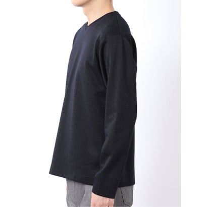 Tシャツ メンズ 長袖 Vネック 裏起毛 綿混 ジオメトリック ジャガード （白黒）｜詳細画像