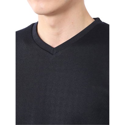 Tシャツ メンズ 長袖 Vネック 裏起毛 綿混 ジオメトリック ジャガード （白黒）｜詳細画像