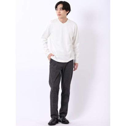 Tシャツ メンズ 長袖 Vネック 裏起毛 綿混 ジオメトリック ジャガード （白黒）｜詳細画像