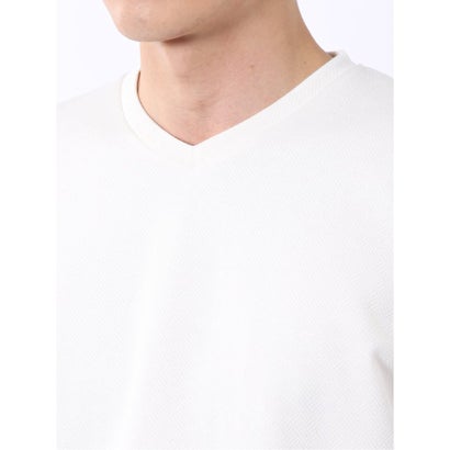 Tシャツ メンズ 長袖 Vネック 裏起毛 綿混 ジオメトリック ジャガード （白黒）｜詳細画像
