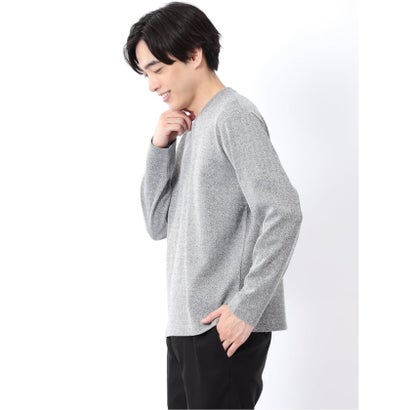 Tシャツ メンズ 長袖 Vネック 裏起毛 綿混 ジオメトリック ジャガード （紺）｜詳細画像