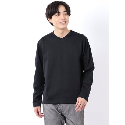 Tシャツ メンズ 長袖 Vネック 裏起毛 綿混 ジオメトリック ジャガード （紺）｜詳細画像