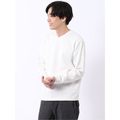 Tシャツ メンズ 長袖 Vネック 裏起毛 綿混 ジオメトリック ジャガード （紺）｜詳細画像