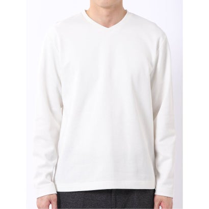 Tシャツ メンズ 長袖 Vネック 裏起毛 綿混 ジオメトリック ジャガード （紺）｜詳細画像
