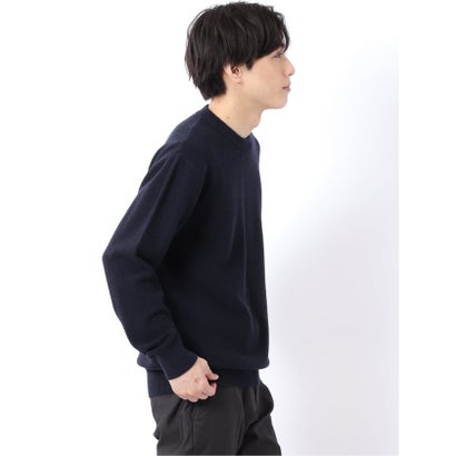 ニット プルオーバー メンズ 長袖 ストレッチ ウォッシャブル クルーネック セーター ふわもち 鹿の子 （紺）｜詳細画像