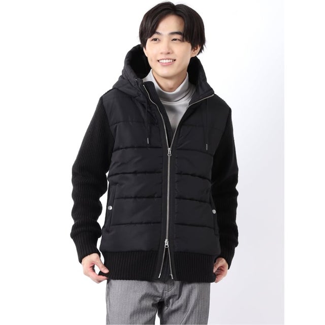ブルゾン アウター メンズ フード ダブルファスナー 中綿 × ニット ハイブリッド コンビ （黒）