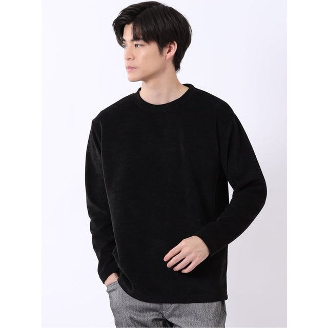 Tシャツ メンズ 長袖 ストレッチ クルーネック 幾何学 ジャガード カットモール （黒）
