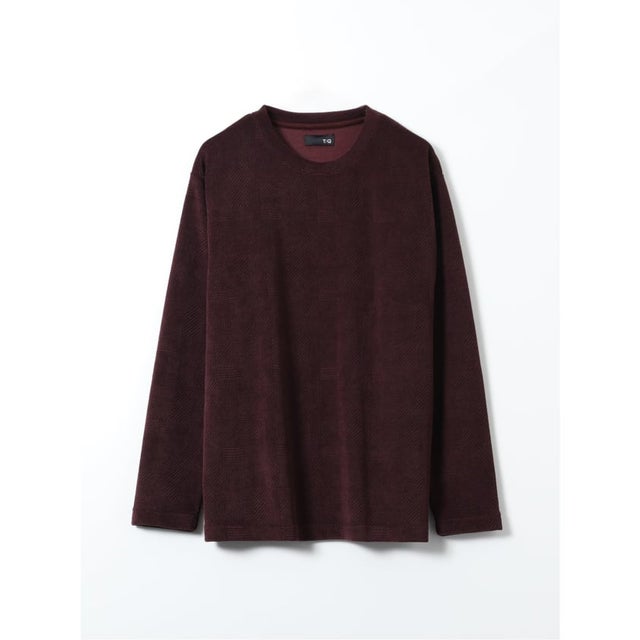 Tシャツ メンズ 長袖 ストレッチ クルーネック 幾何学 ジャガード カットモール （ワイン）